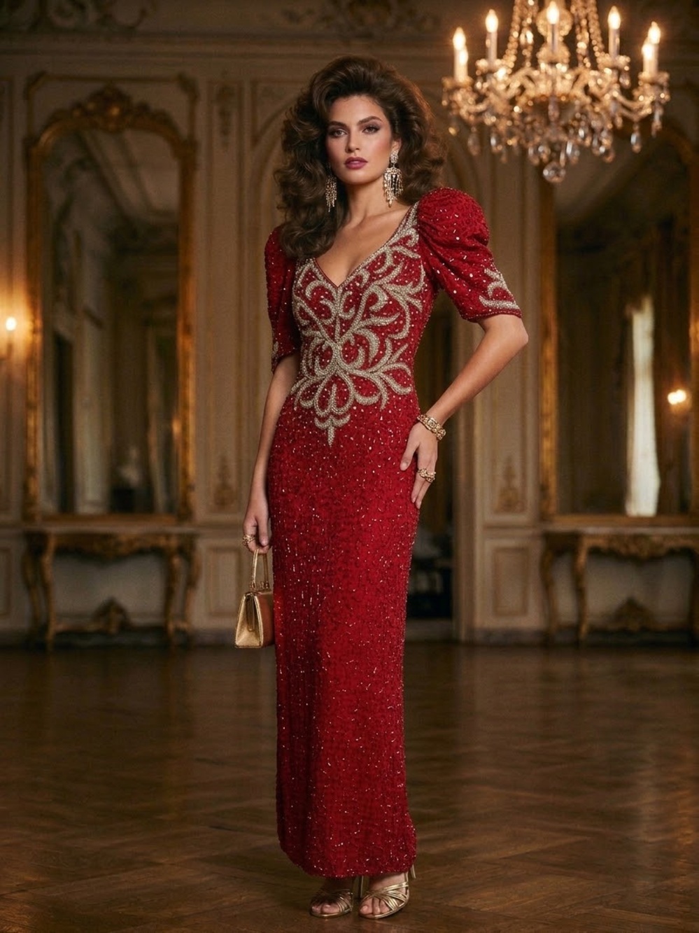 Landa 80s Vintage Silk Red Embellished Evening Gown with Silver Beading Detail